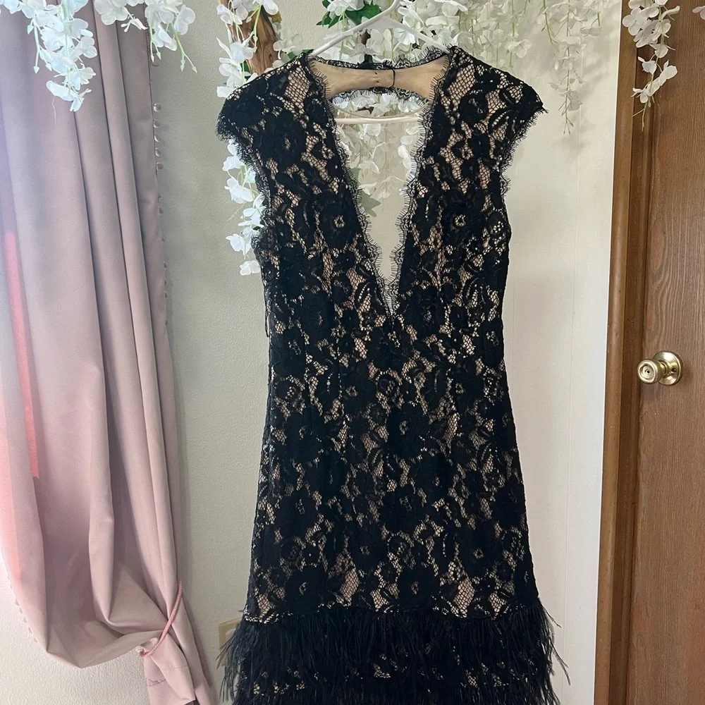 Aidan by Aidan Mattox Cap Sleeve Lace Cocktail Dress with Feather Trim in Black - Picture 9 of 15